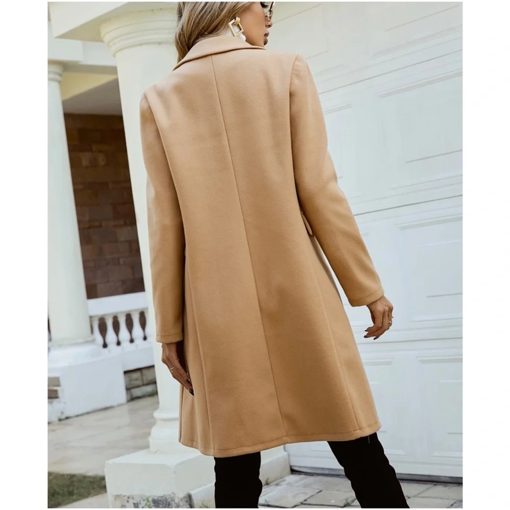 Cozy Camel Tan Button up Double Breast Pea coat Jacket - Picture 6 of 9